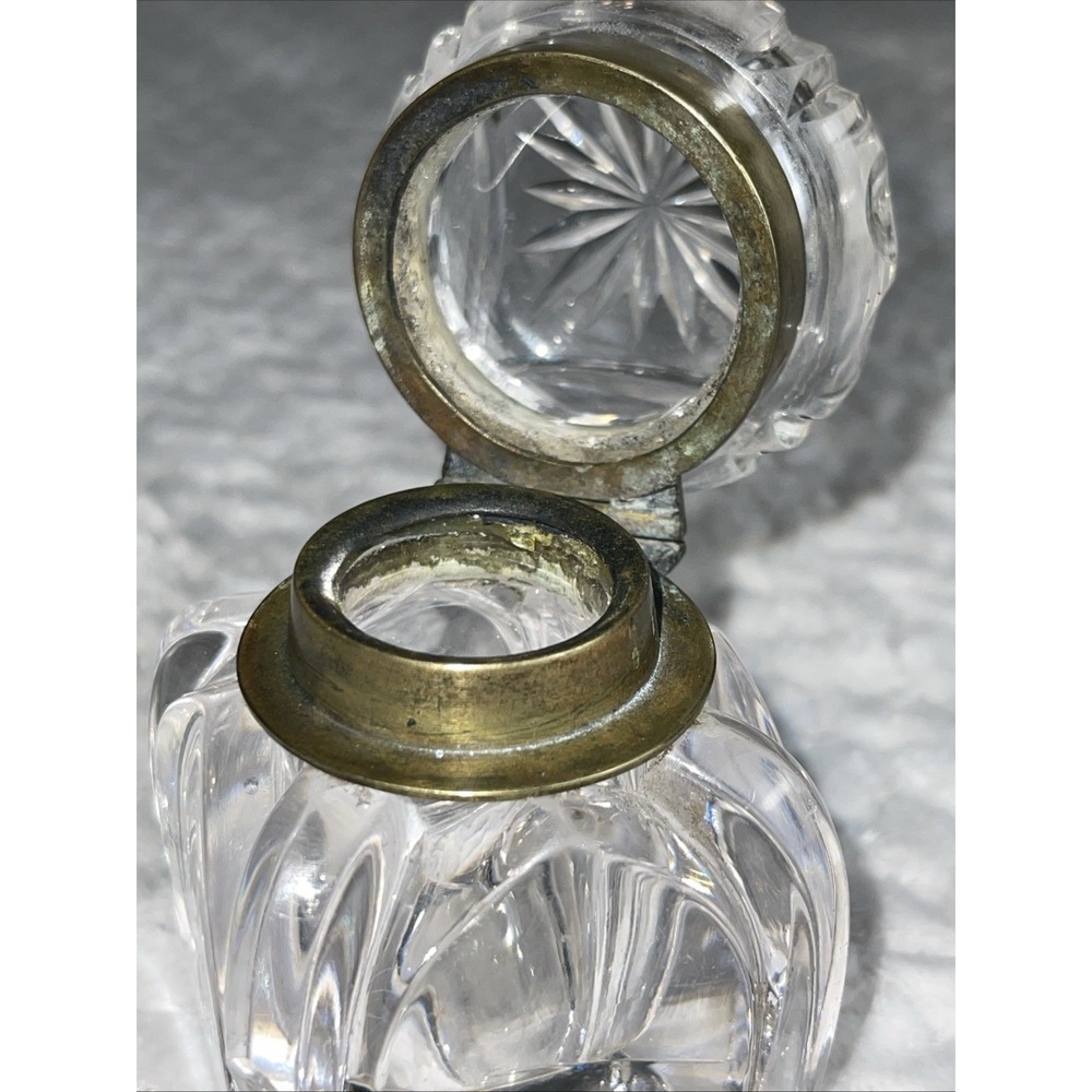 Antique Crystal Cut Glass Inkwell Asprey‎ Co. ?   Brass Hinged Lid 19th Century - Picture 7 of 11